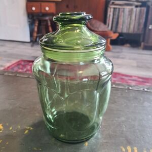 Vintage LE Smith Glass Canister Jar with Lid Oval Bubbles Green 7" Tall